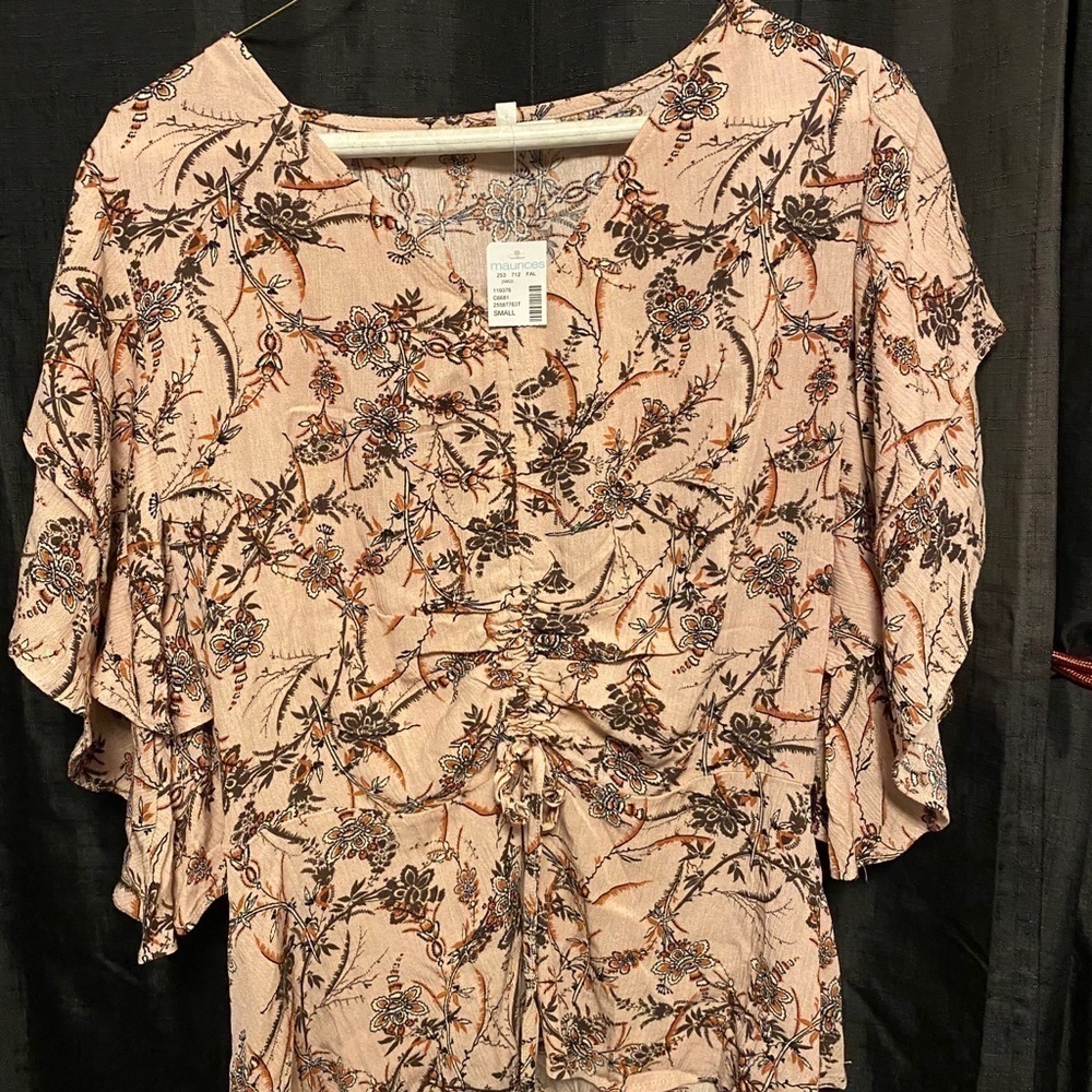Maurice Peach Blouse with black design.